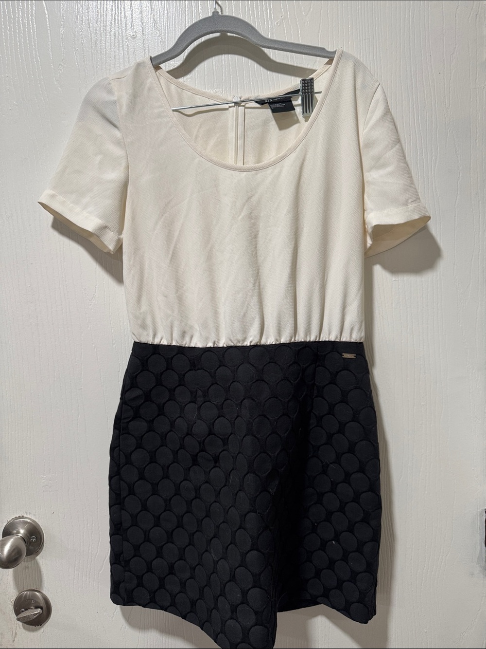 Armani Exchange Ivory Bodice Black Textured Skirt Mini Dress